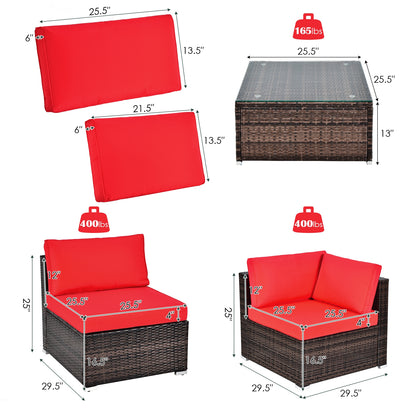 6 Piece Patio Rattan Furniture Set, With Cushions And Glass Coffee Table, Red Outdoor Sectionals at Gallery Canada
