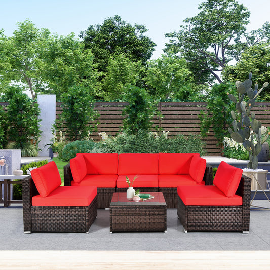6 Piece Patio Rattan Furniture Set, With Cushions And Glass Coffee Table, Red Outdoor Sectionals Red at Gallery Canada