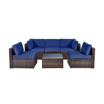 Ensemble de meubles de patio en rotin 6 pièces avec coussins et table basse en verre, bleu marine
