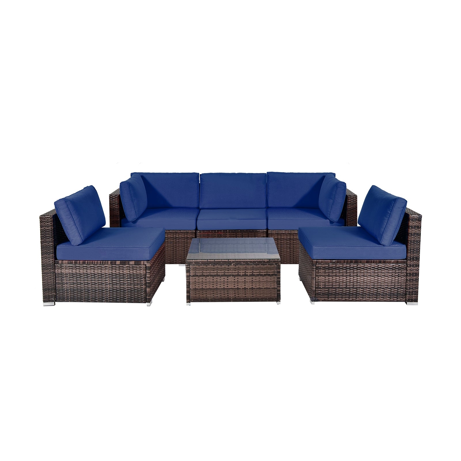 6 Pieces Patio Rattan Furniture Set with Cushions and Glass Coffee Table, Navy Outdoor Sectionals at Gallery Canada