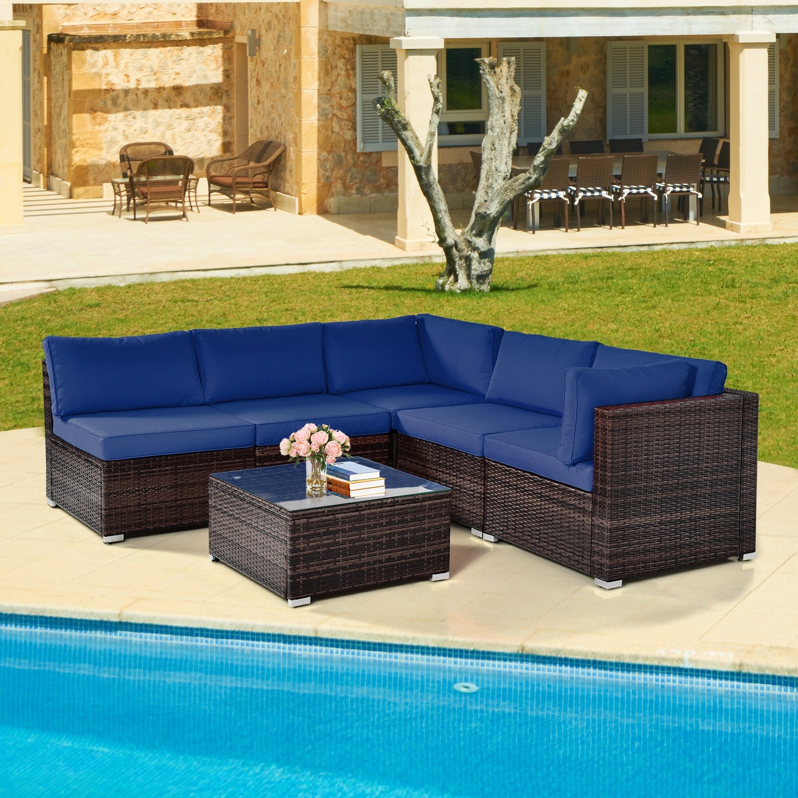 6 Pieces Patio Rattan Furniture Set with Cushions and Glass Coffee Table, Navy Outdoor Sectionals at Gallery Canada