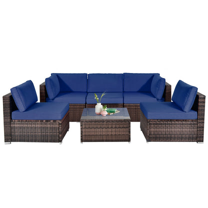 6 Pieces Patio Rattan Furniture Set with Cushions and Glass Coffee Table, Navy Outdoor Sectionals at Gallery Canada