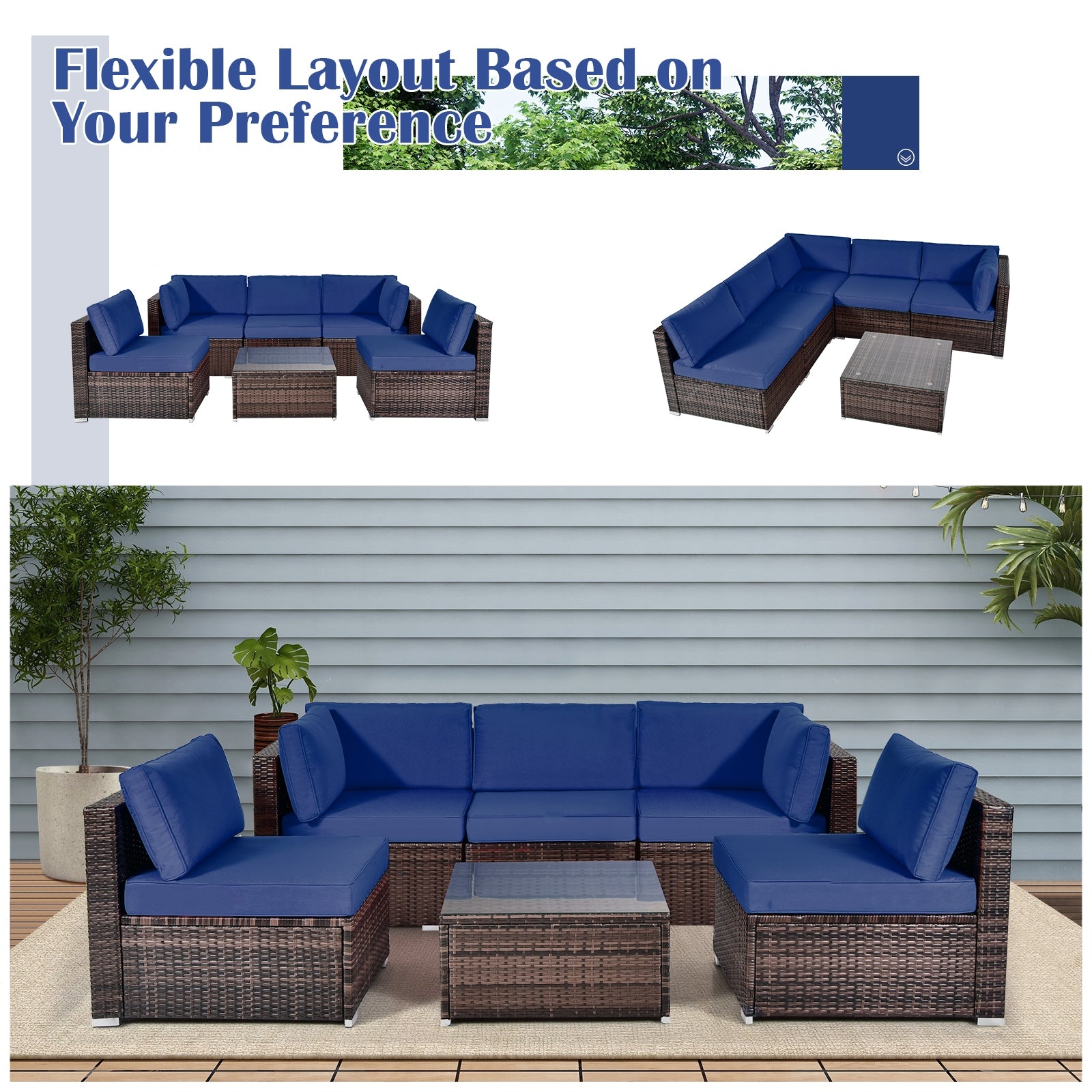 6 Pieces Patio Rattan Furniture Set with Cushions and Glass Coffee Table, Navy Outdoor Sectionals at Gallery Canada