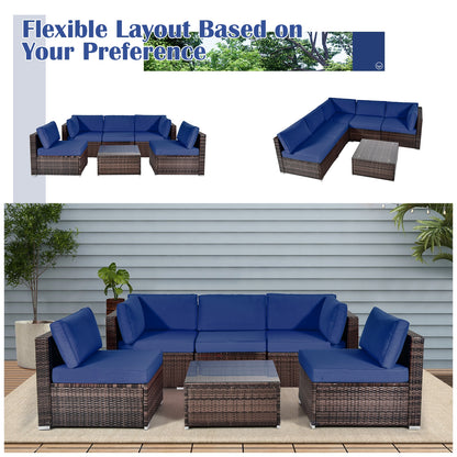 6 Pieces Patio Rattan Furniture Set with Cushions and Glass Coffee Table, Navy Outdoor Sectionals at Gallery Canada