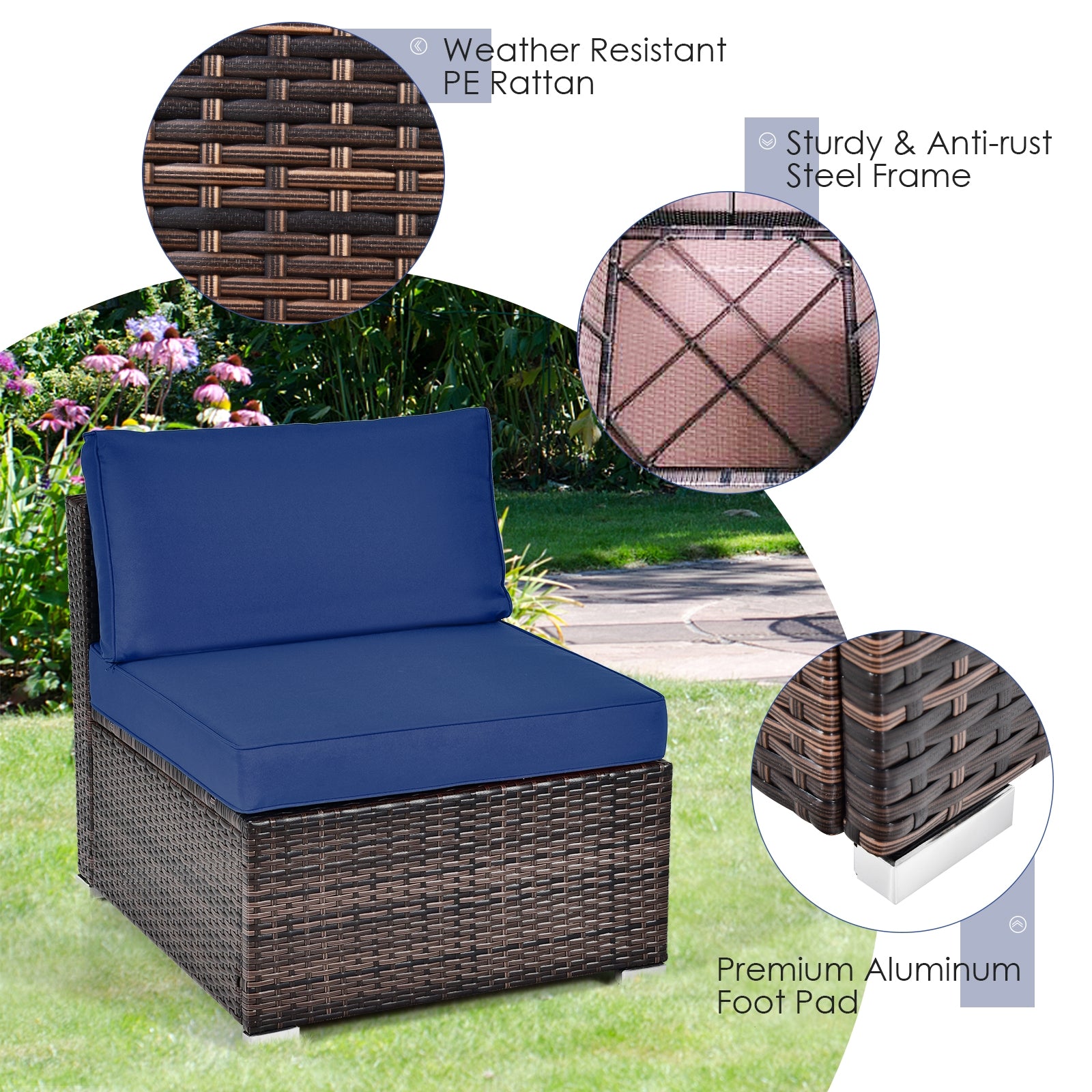 6 Pieces Patio Rattan Furniture Set with Cushions and Glass Coffee Table, Navy Outdoor Sectionals at Gallery Canada