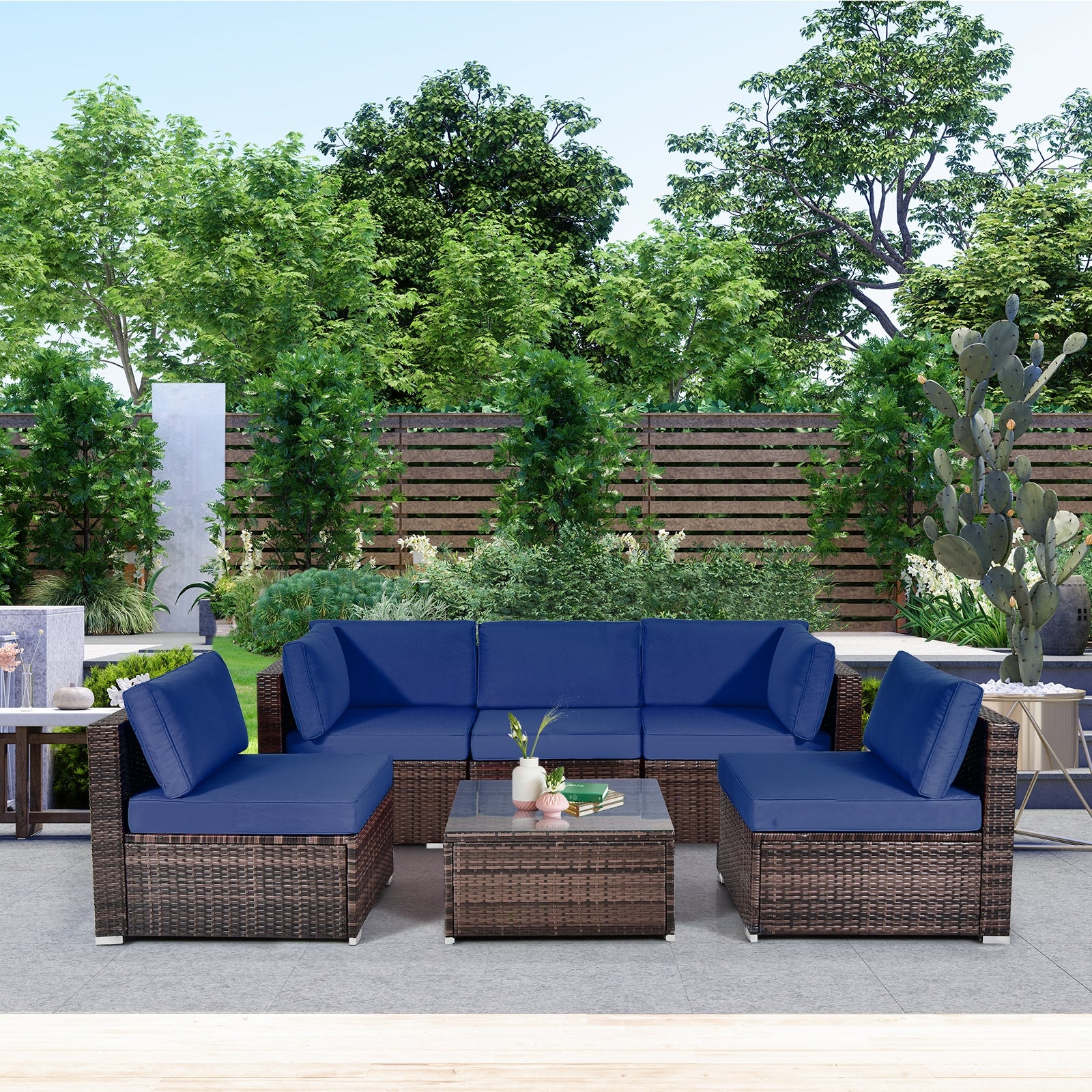 6 Pieces Patio Rattan Furniture Set with Cushions and Glass Coffee Table, Navy Outdoor Sectionals at Gallery Canada