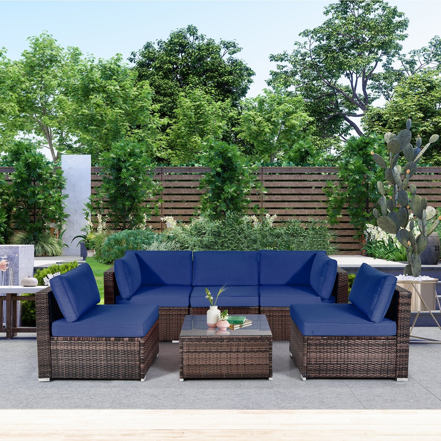 6 Pieces Patio Rattan Furniture Set with Cushions and Glass Coffee Table, Navy Outdoor Sectionals at Gallery Canada