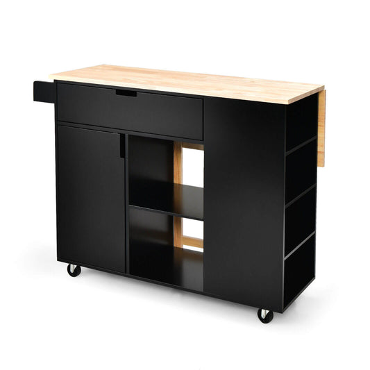 Drop-Leaf Kitchen Island with Rubber Wood Top, Black - Gallery Canada