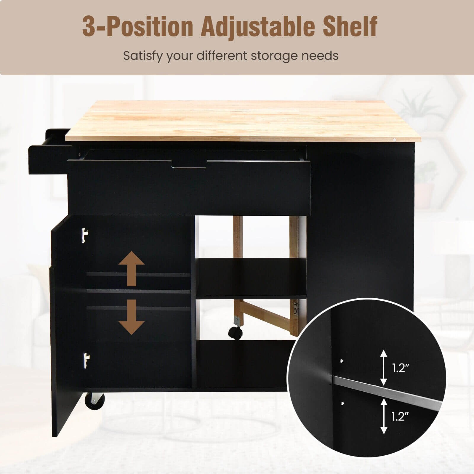 Drop-Leaf Kitchen Island with Rubber Wood Top, Black - Gallery Canada