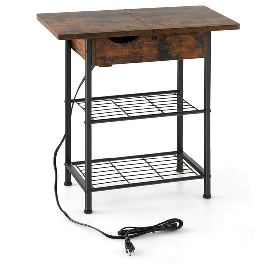 Side End Table with Charging Station Flip-Up Top for Living Room, Rustic Brown - Gallery Canada