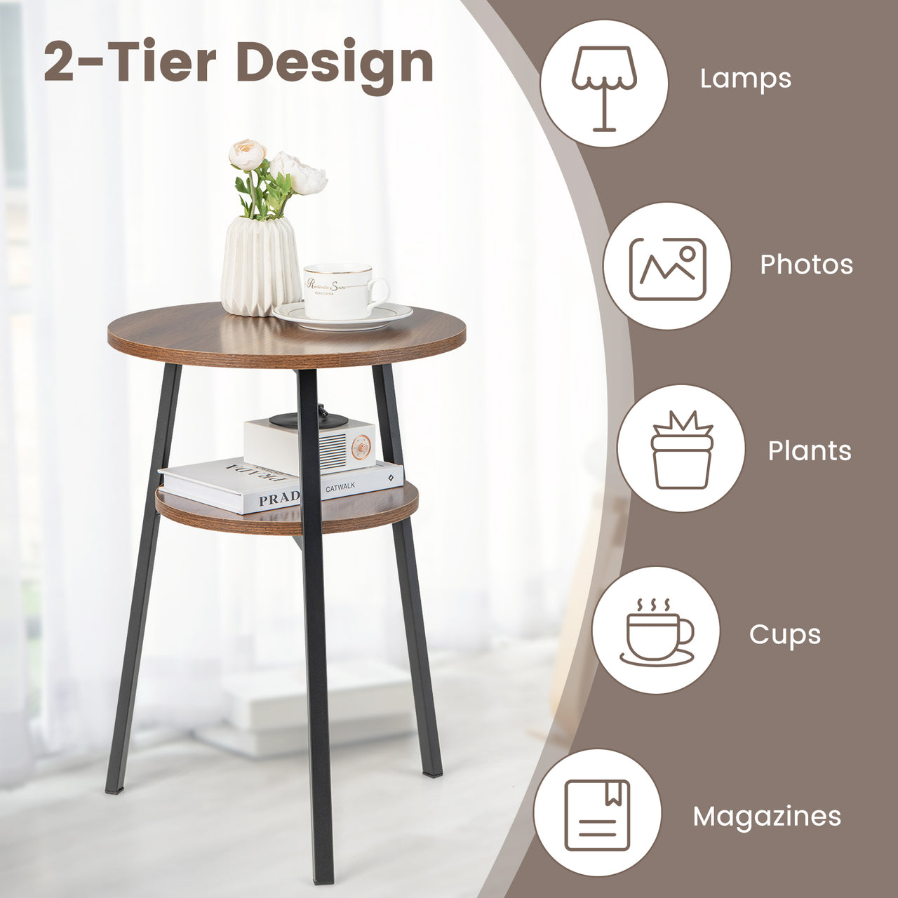 2-Tier Round End Table with Open Shelf and Triangular Metal Frame - Gallery View 5 of 9