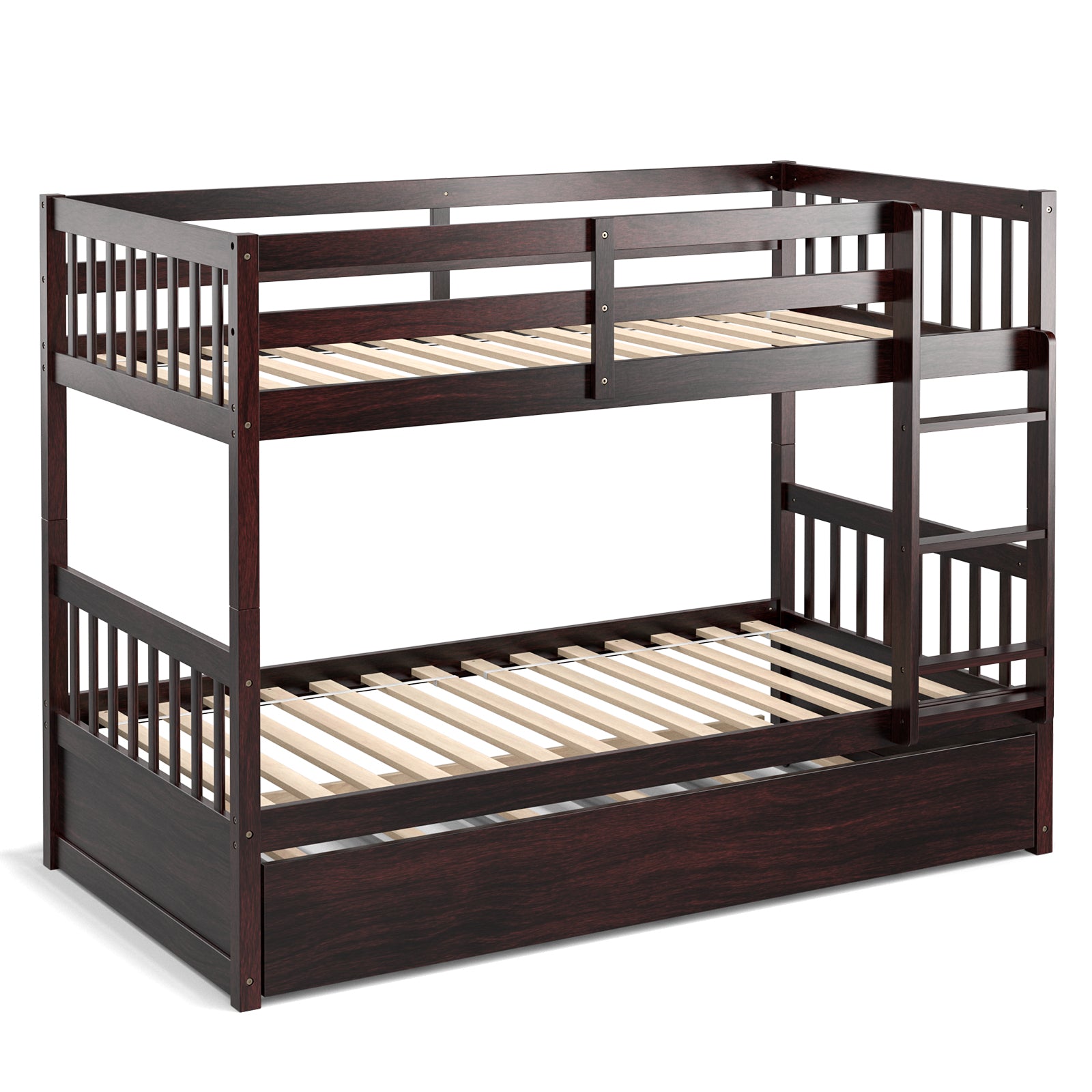 Twin Over Twin Bunk Bed With Pull-Out Trundle, Ladder, Espresso Bunk Bed Frame at Gallery Canada