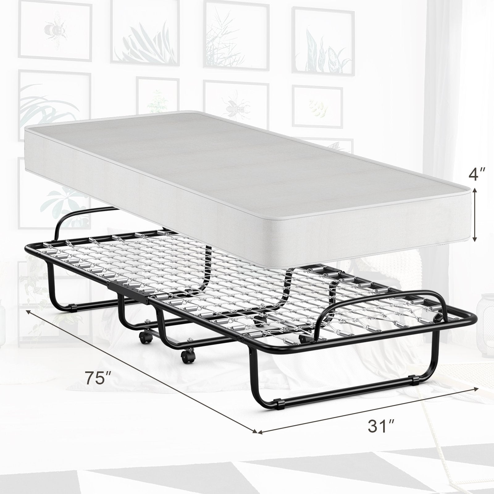 Rollaway Folding Bed with Memory Foam Mattress and Sturdy Metal Frame Made in Italy, Black - Gallery Canada