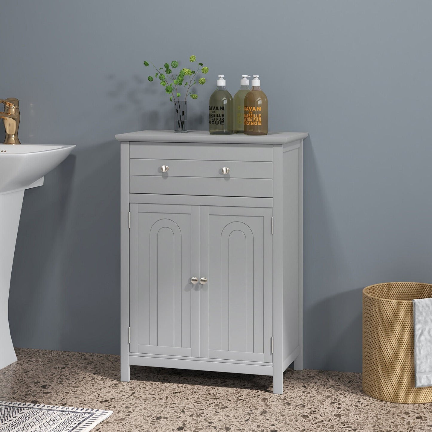 Wooden Bathroom Floor Cabinet with Drawer and Adjustable Shelf, Gray - Gallery Canada