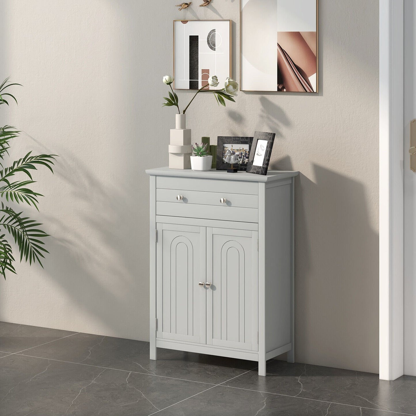 Wooden Bathroom Floor Cabinet with Drawer and Adjustable Shelf, Gray - Gallery Canada