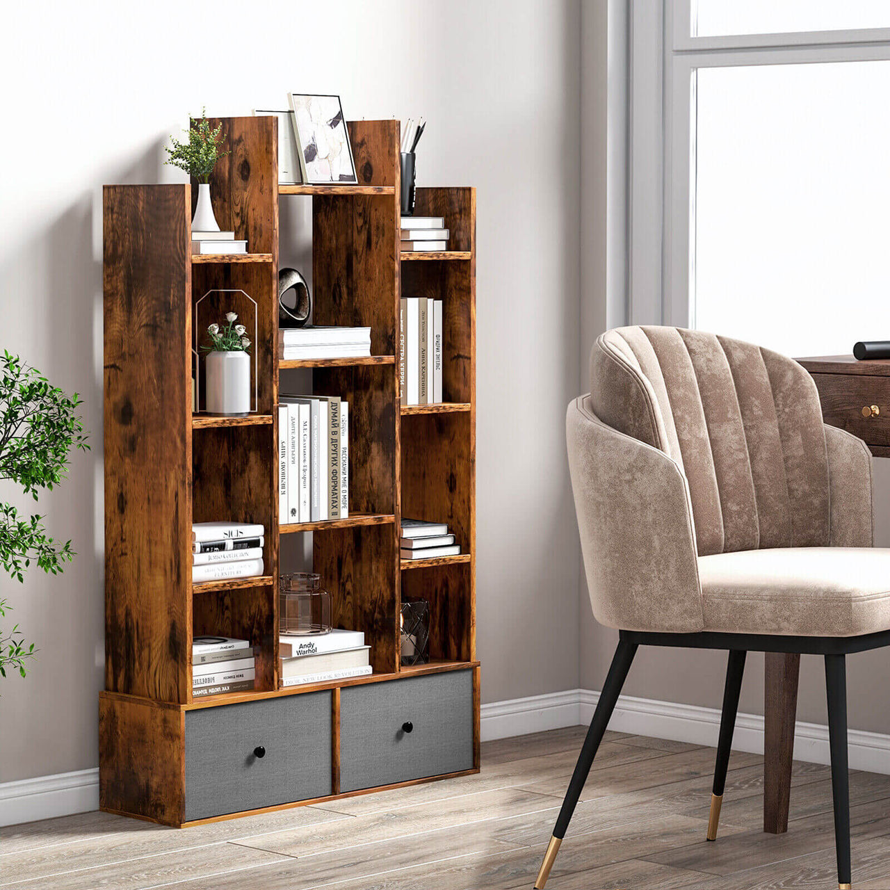 12-Tier Open-Back Freestanding Bookshelf with Drawer - Gallery View 2 of 9