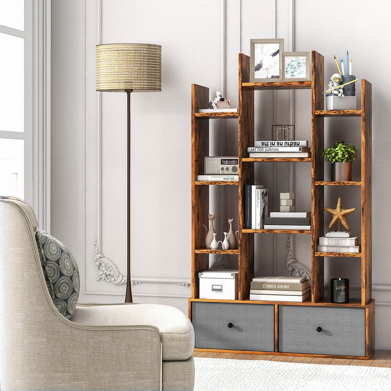 12-Tier Open-Back Freestanding Bookshelf with Drawer - Gallery View 3 of 9