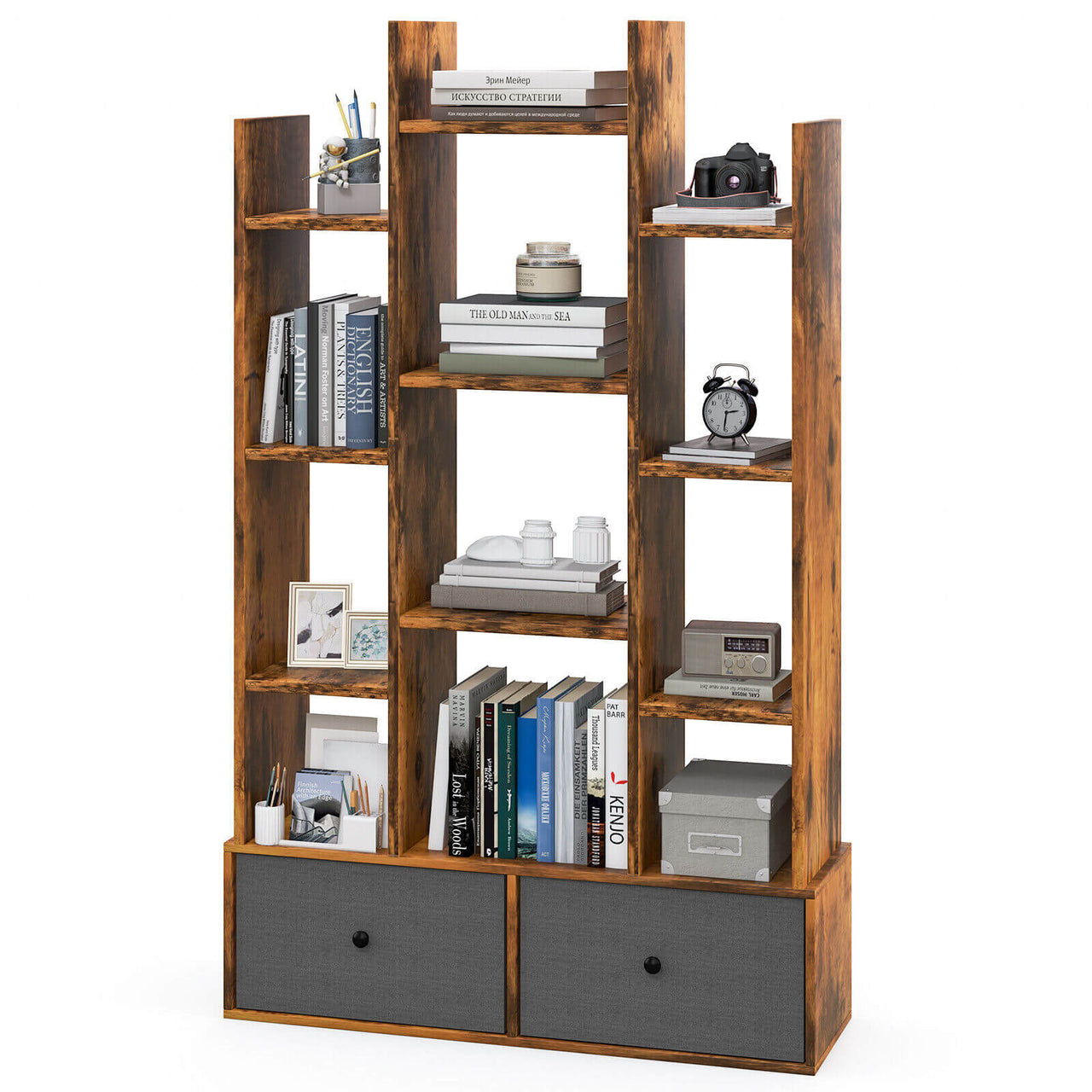 12-Tier Open-Back Freestanding Bookshelf with Drawer - Gallery View 1 of 9