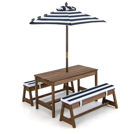 Kids Picnic Table and Bench Set with Cushions and Height Adjustable Umbrella, Blue