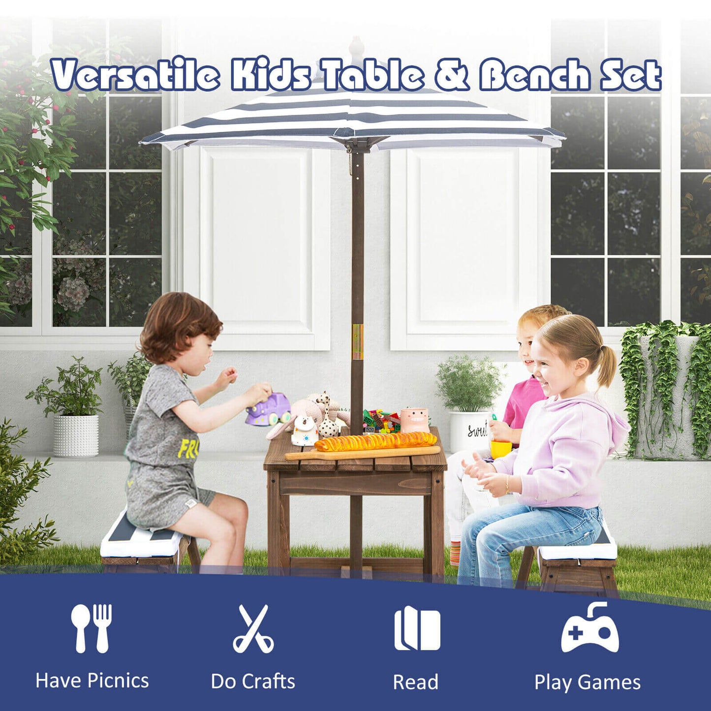 Kids Picnic Table And Bench Set, With Cushions And Adjustable Umbrella, Blue Kids Table & Chair Sets at Gallery Canada
