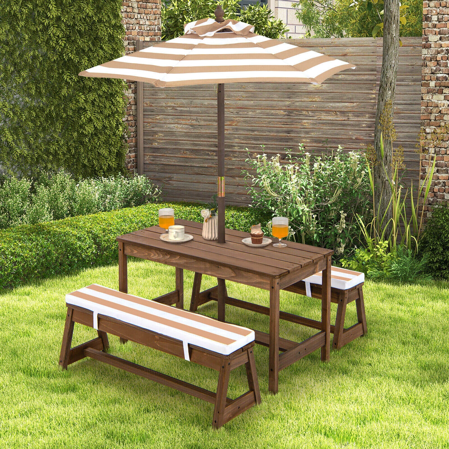 Kids Picnic Table and Bench Set with Cushions and Height Adjustable Umbrella, Brown Kids Table & Chair Sets at Gallery Canada
