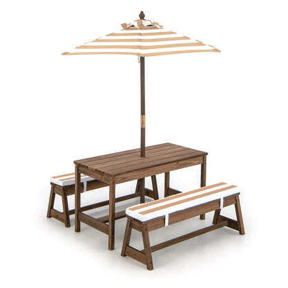 Kids Picnic Table And Bench Set, With Cushions And Adjustable Umbrella, Brown Kids Table & Chair Sets at Gallery Canada