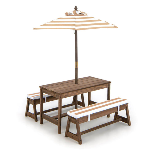 Kids Picnic Table And Bench Set, With Cushions And Adjustable Umbrella, Brown