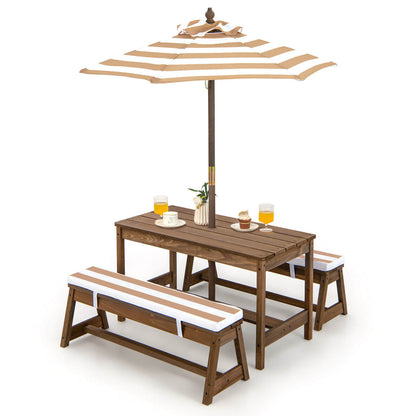 Kids Picnic Table and Bench Set with Cushions and Height Adjustable Umbrella, Brown Kids Table & Chair Sets at Gallery Canada