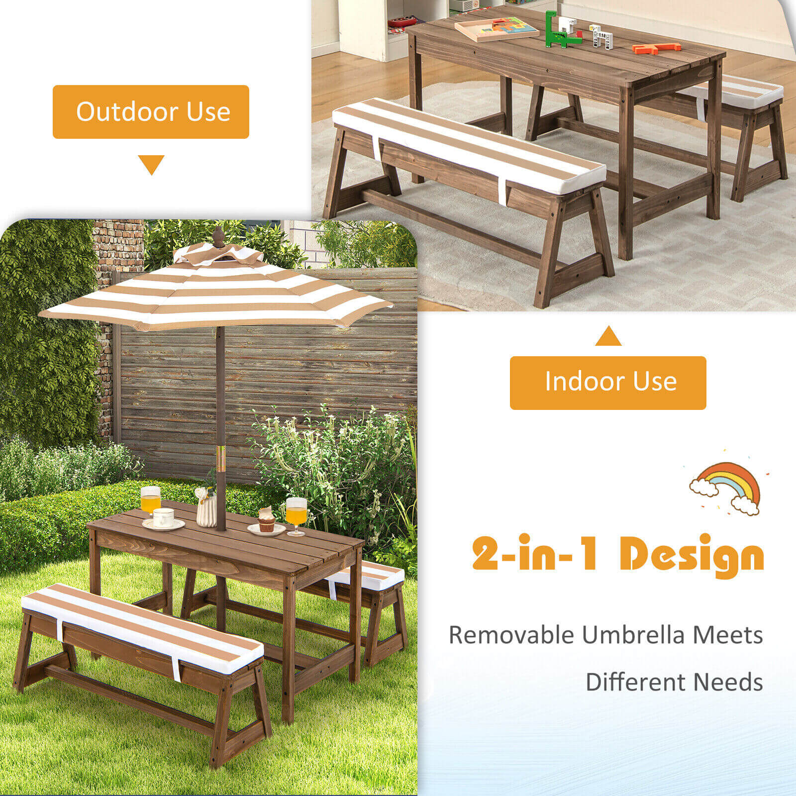 Kids Picnic Table and Bench Set with Cushions and Height Adjustable Umbrella, Brown Kids Table & Chair Sets at Gallery Canada