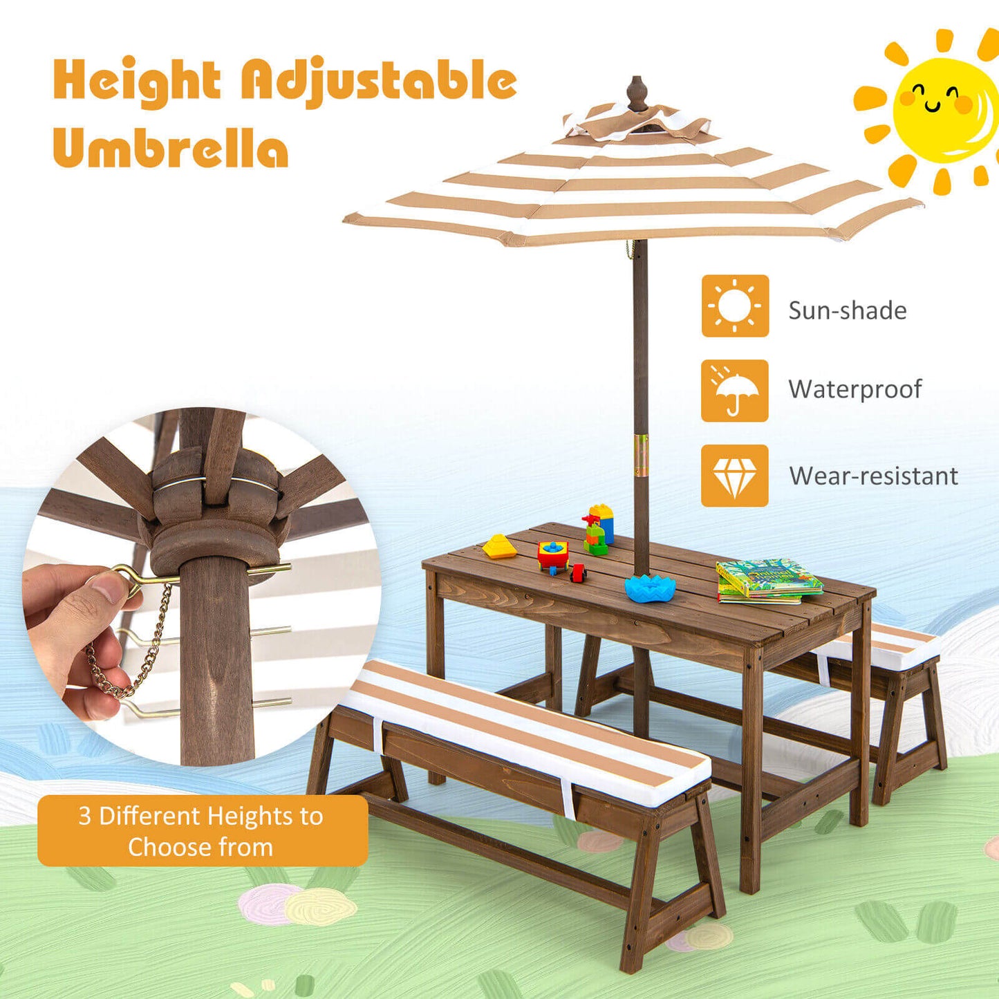Kids Picnic Table and Bench Set with Cushions and Height Adjustable Umbrella, Brown Kids Table & Chair Sets at Gallery Canada
