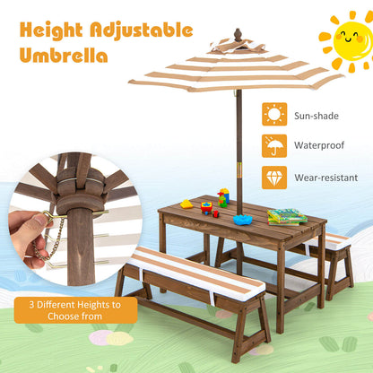 Kids Picnic Table and Bench Set with Cushions and Height Adjustable Umbrella, Brown Kids Table & Chair Sets at Gallery Canada
