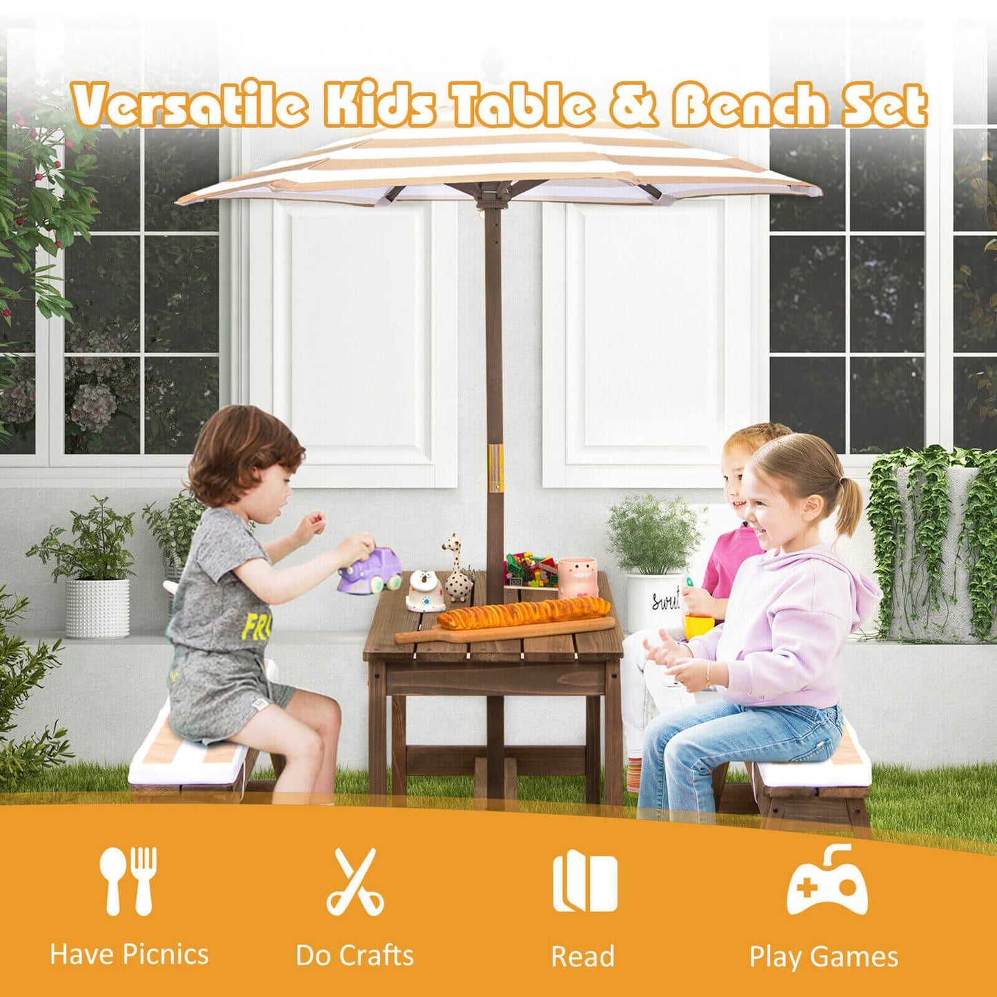 Kids Picnic Table and Bench Set with Cushions and Height Adjustable Umbrella, Brown Kids Table & Chair Sets at Gallery Canada