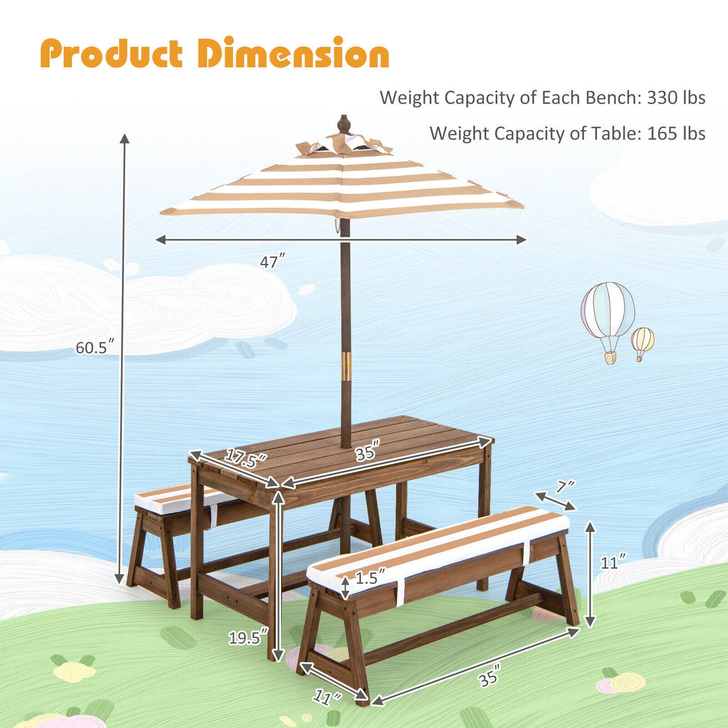 Kids Picnic Table and Bench Set with Cushions and Height Adjustable Umbrella, Brown Kids Table & Chair Sets at Gallery Canada