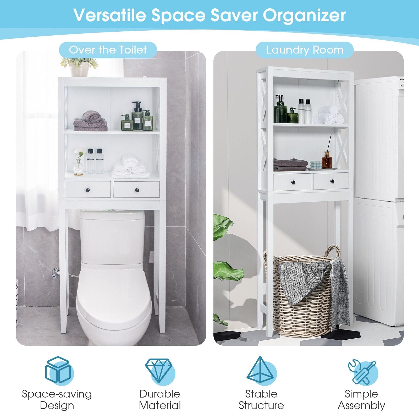 Toilet Space Saver Bathroom Organizer Storage Shelf with Drawers, White at Gallery Canada
