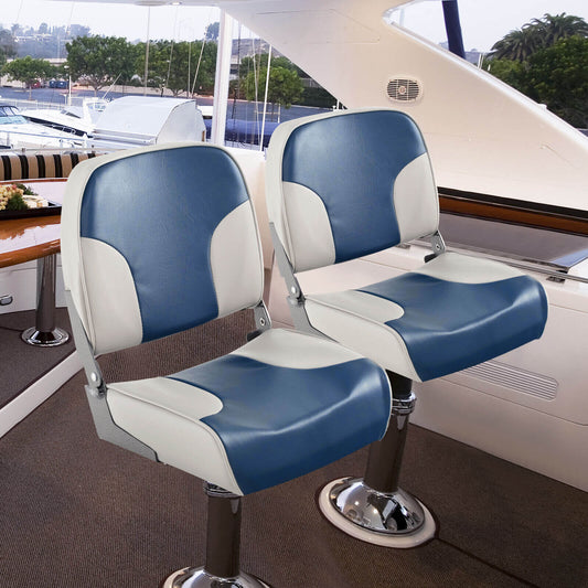 2 Pieces Low Back Boat Seat Set with Sponge Padding and Aluminum Hinges, Blue - Gallery Canada