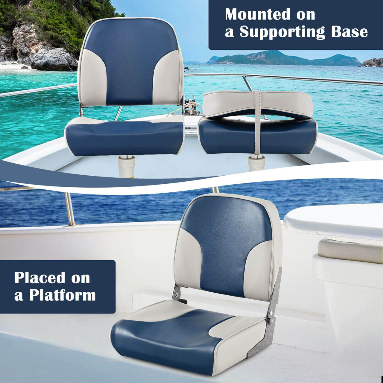 2 Pieces Low Back Boat Seat Set with Sponge Padding and Aluminum Hinges - Gallery View 6 of 11