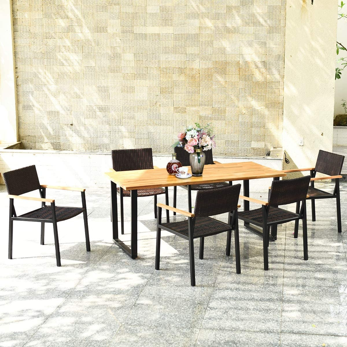 7 Piece Outdoor Dining Set, Large Acacia Wood Table Top, Natural Patio Dining Sets at Gallery Canada