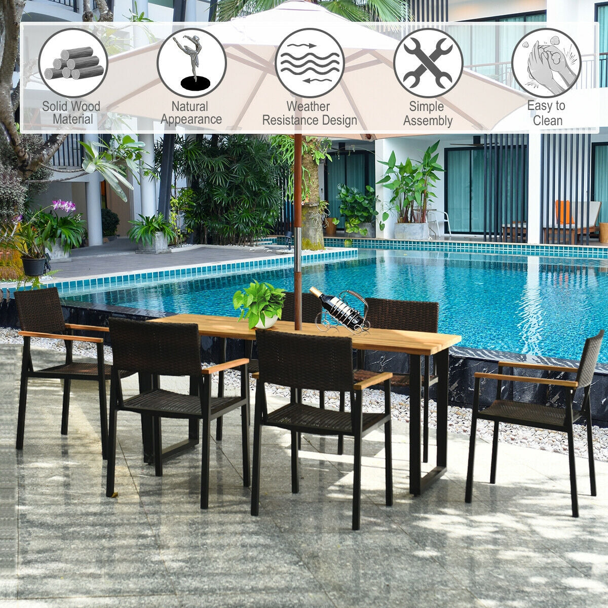 7 Piece Outdoor Dining Set, Large Acacia Wood Table Top, Natural Patio Dining Sets at Gallery Canada