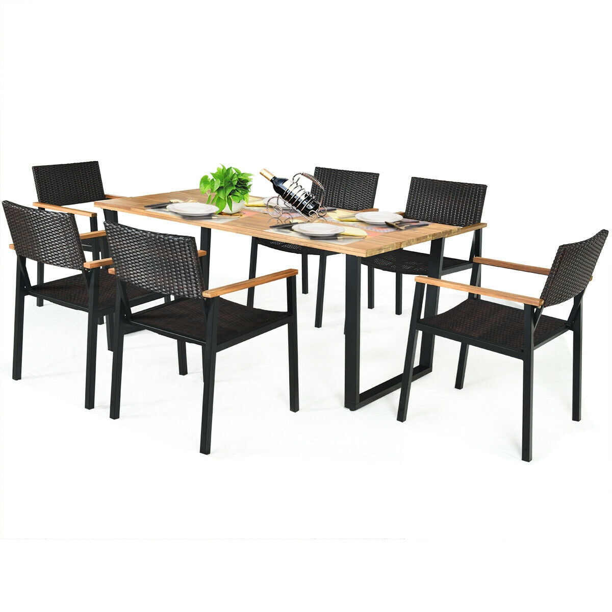 7 Piece Outdoor Dining Set, Large Acacia Wood Table Top, Natural Patio Dining Sets at Gallery Canada