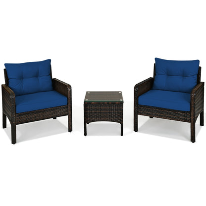 3 Piece Rattan Patio Conversation Set, With Seat Cushions, Navy Patio Conversation Sets Navy at Gallery Canada