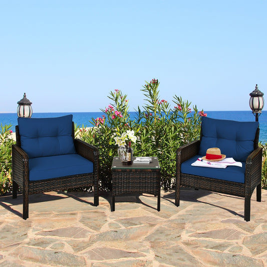 3 Pieces Outdoor Patio Rattan Conversation Set with Seat Cushions, Navy Patio Conversation Sets Navy at Gallery Canada