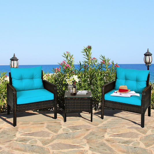 3 Pcs Outdoor Patio Rattan Conversation Set with Seat Cushions, Turquoise Patio Conversation Sets Turquoise at Gallery Canada