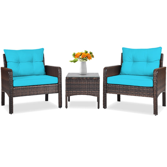 3 Pcs Outdoor Patio Rattan Conversation Set with Seat Cushions, Turquoise Patio Conversation Sets Turquoise at Gallery Canada