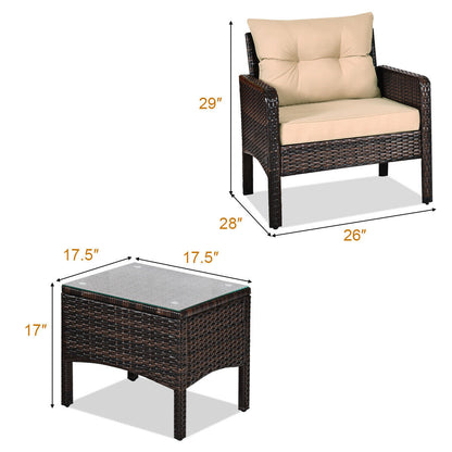3 Pieces Outdoor Patio Rattan Conversation Set with Seat Cushions, Beige Patio Conversation Sets at Gallery Canada