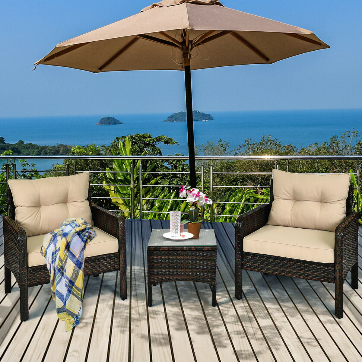 3 Pieces Outdoor Patio Rattan Conversation Set with Seat Cushions, Beige Patio Conversation Sets at Gallery Canada