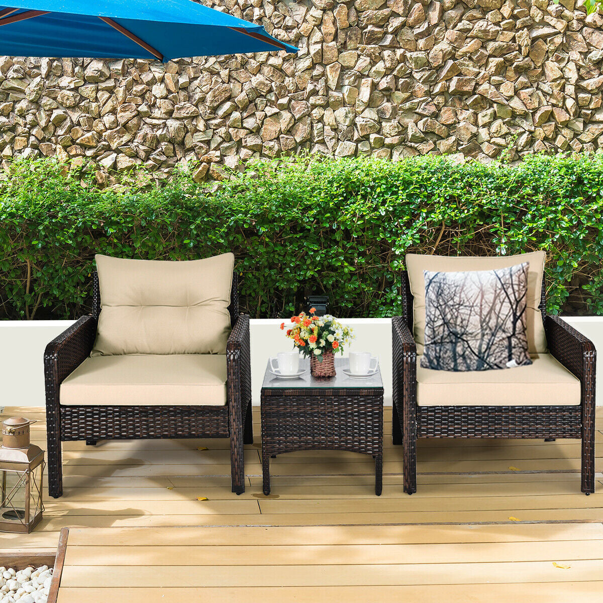 3 Pieces Outdoor Patio Rattan Conversation Set with Seat Cushions, Beige Patio Conversation Sets at Gallery Canada