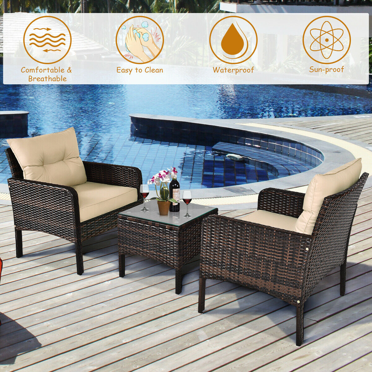 3 Pieces Outdoor Patio Rattan Conversation Set with Seat Cushions, Beige Patio Conversation Sets at Gallery Canada