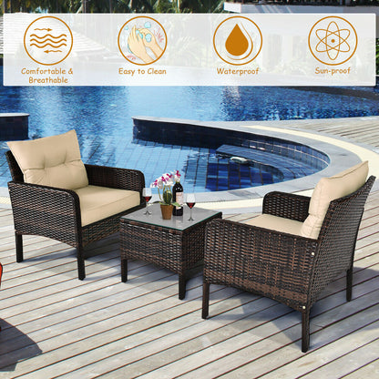 3 Pieces Outdoor Patio Rattan Conversation Set with Seat Cushions, Beige Patio Conversation Sets at Gallery Canada
