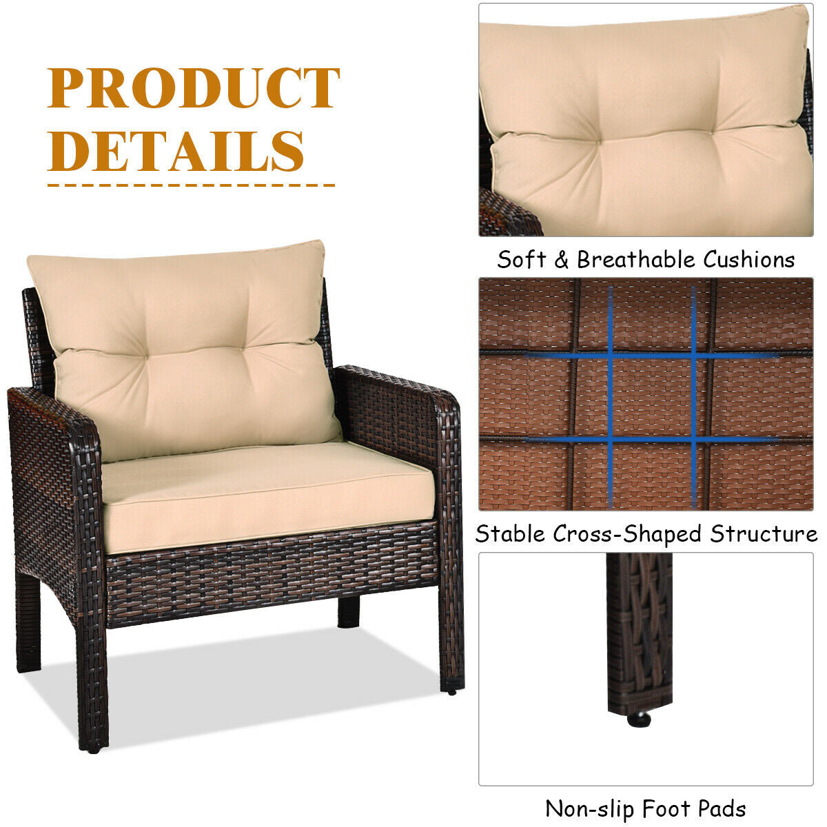 3 Pieces Outdoor Patio Rattan Conversation Set with Seat Cushions, Beige Patio Conversation Sets at Gallery Canada