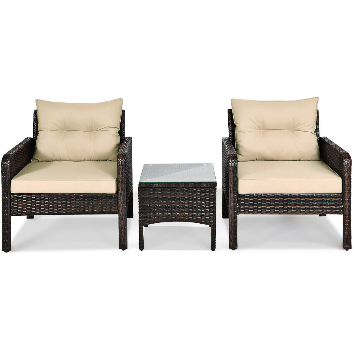 3 Pieces Outdoor Patio Rattan Conversation Set with Seat Cushions, Beige Patio Conversation Sets at Gallery Canada